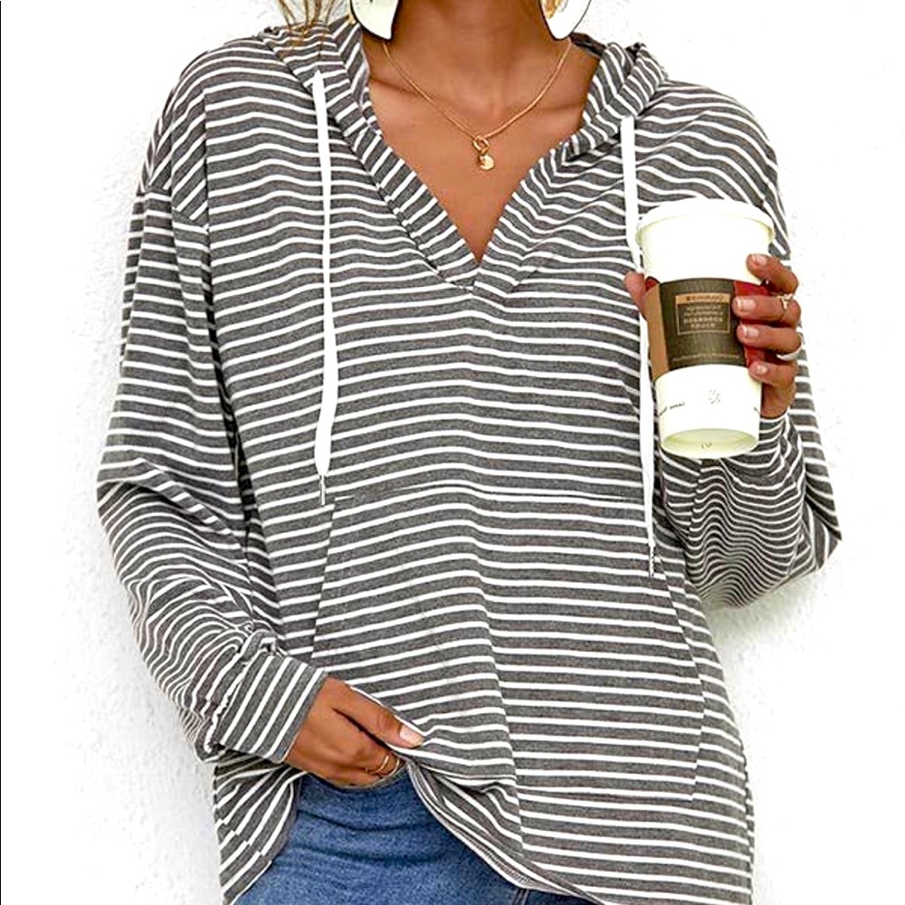 🔥Women’s Grey Striped Relaxed Fit V Neck Hoodie